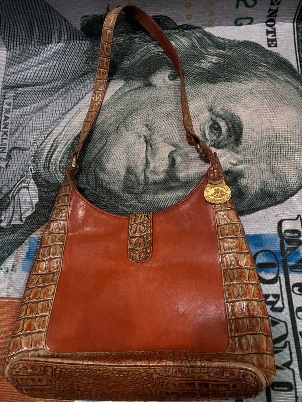 Brahmin Cognac Leather Shoulder Bag with Croc-Embossed Trim